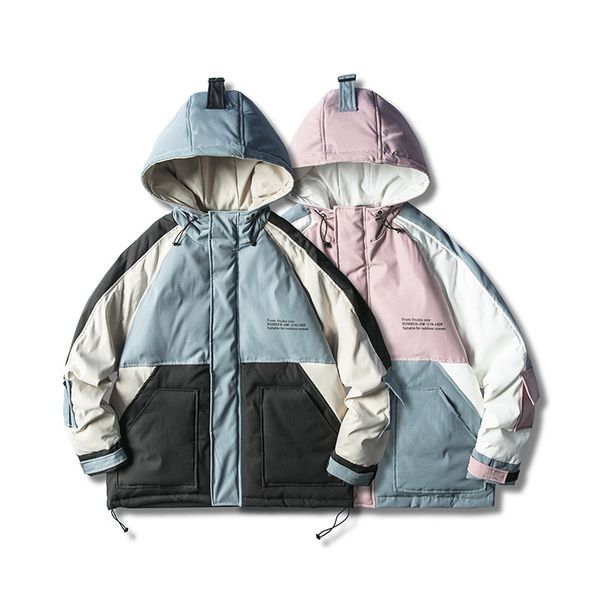 

men's down & parkas winter casual thick color matching hooded cotton japanese fashion brand loose wild shirt, Black
