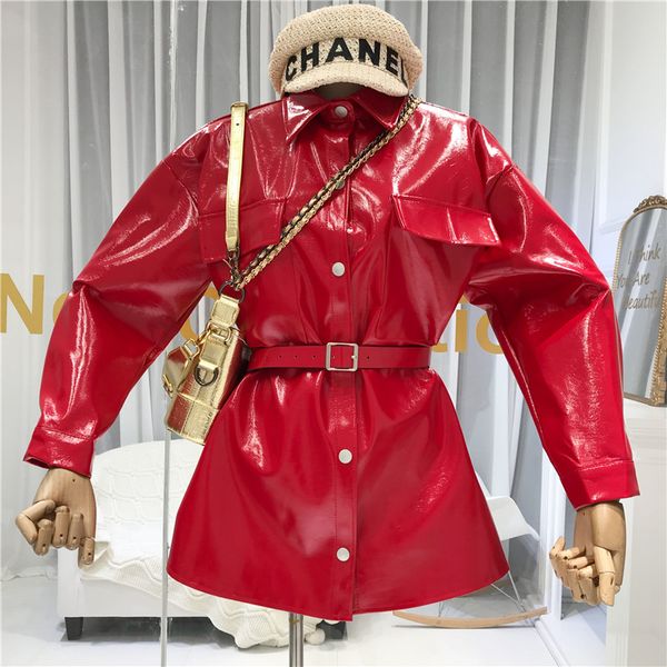 

amolapha women single button belt яркая искусственная кожаная куртка пальто soild mid-long pu куртки для женщин, Black;brown