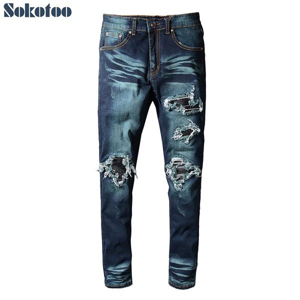 

sokotoo мужская pu кожа лоскутное плиссированные байкерские джинсы для мотоцикла темно-синий деним тощий карандаш штаны высокого качества, Blue