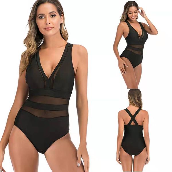 

2020 new women's swimwear european and american black stitching mesh straps ladies one-piece swimsuit size s-2xl, White;black