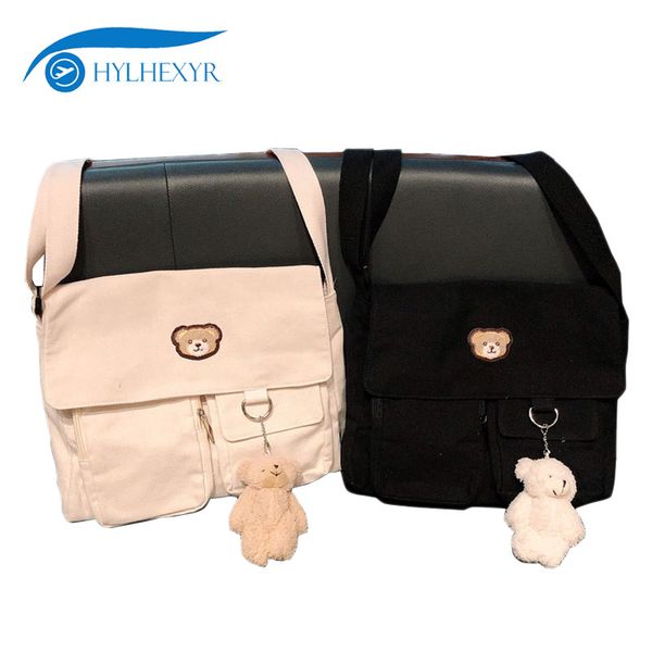

hylhexyr women bear pattern canvas messenger handbag foldable shopping bags tote cross body shoulder bag with outside pocket