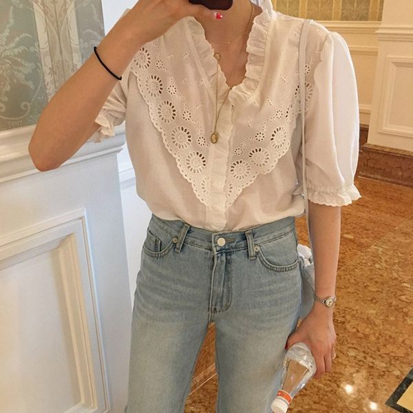 

casual puff sleeve blouses womens blusas summer blouses ruffle shirts, White