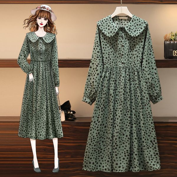 

xl-5xl plus size women polka dot print chiffon dress spring 2020 cute peter pan collar long sleeve high waist loose midi dresses, Black;gray