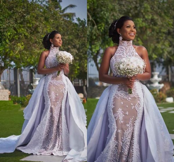 

lace appliqued mermaid wedding dresses with attached train luxury high neck dubai african plus size bridal gown, White