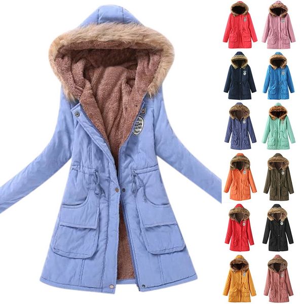 

winter female long coat with zipper parka female hooded jacket winter coat cotton fur basic jacket long for women parka, Black