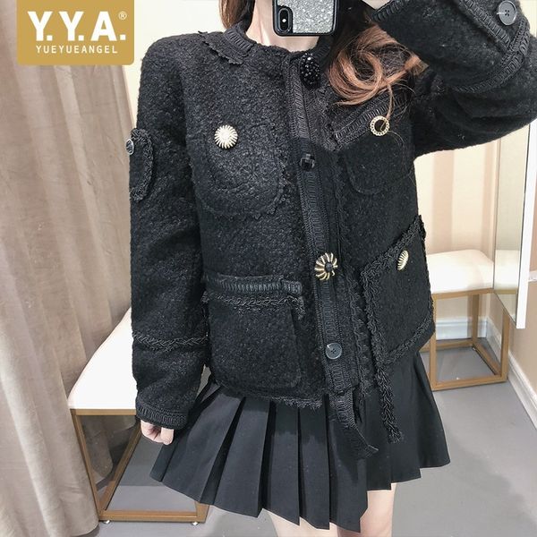 

design new autumn winter womens tweed jackets long sleeve o-neck chic single breasted lace embroidery female coats, Black;brown
