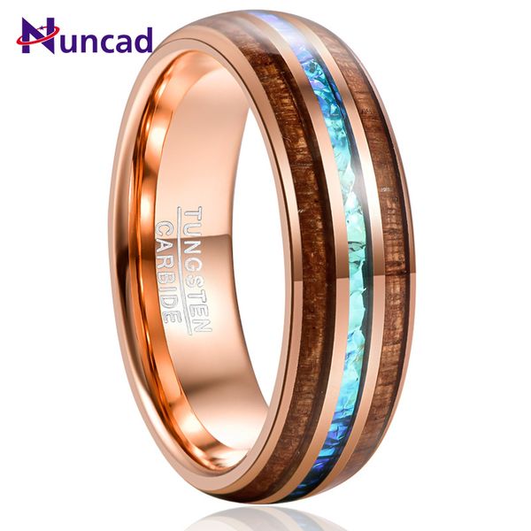 

wedding anniversary gift 6mm wide plating rose gold inlaid acacia + imitation opel dome tungsten steel rings, Slivery;golden