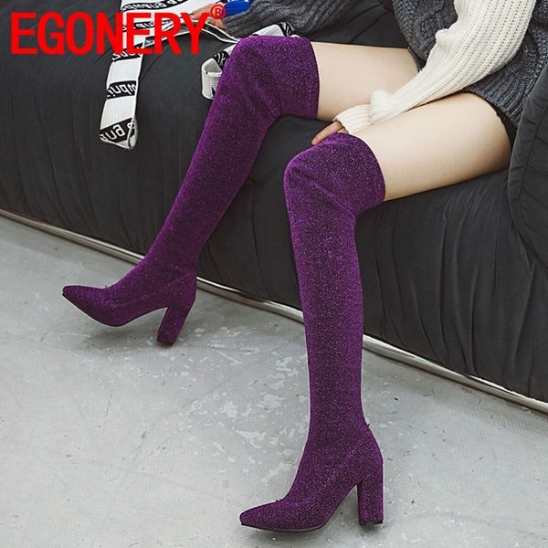 

egonery winter warm new fashion over knee boots outside slip-on super high heels pointed toe knitting women shoes drop shipping, Black