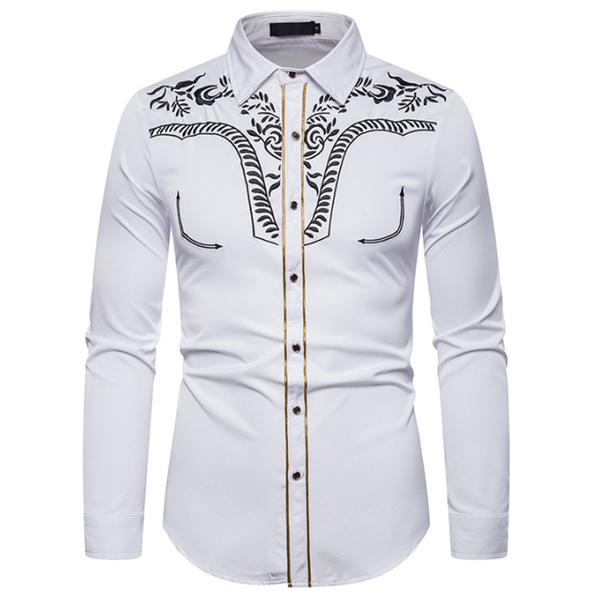 

2019 men's fashion western denim shirt men's brand design embroidered slim casual long sleeve shirt wedding party, White;black
