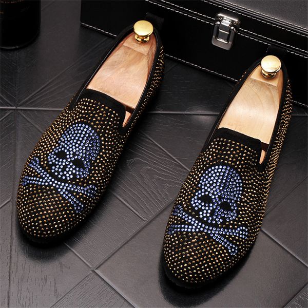 

luxury skull print men shoes soft moccasins rhinestone fashion men flats loafers slip on driving shoes, Black