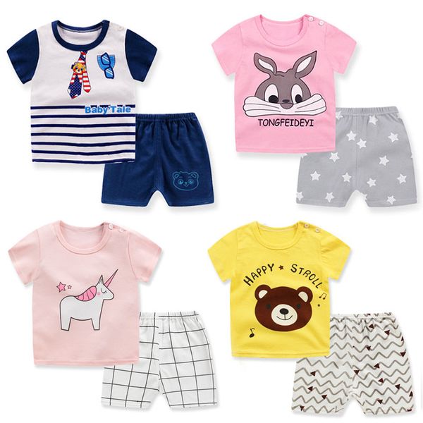 

16 style cartoon kids clothing sets cute summer cotton boys girls clothes short sleeve t-shirt +shorts suit baby outfit 12m-5y, White