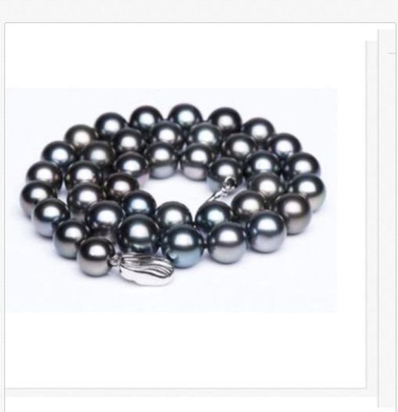 

aaa10-11mm tahitian round black green pearl necklace 18inch 925s, Silver