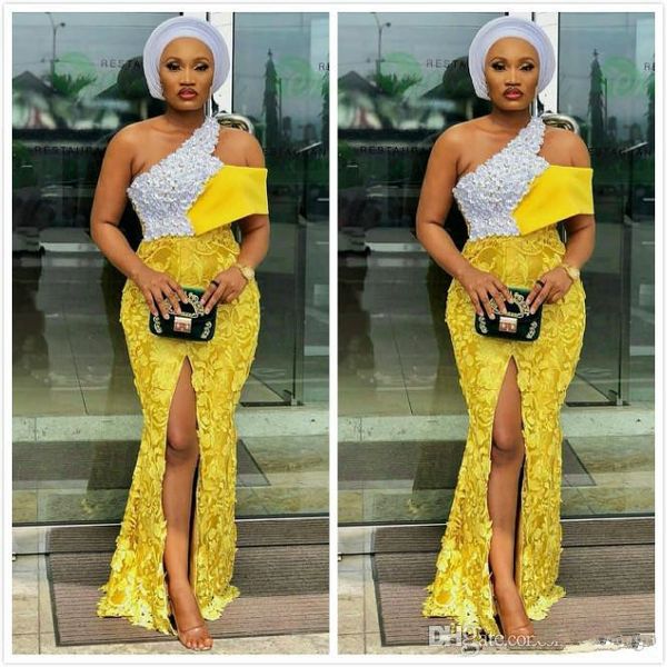 

aso ebi 2019 arabic yellow mermaid evening dresses one shoulder beaded prom dresses high neck formal party second reception gowns, Black;red