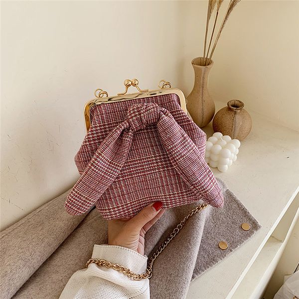 

mini chains bow wool cross-body bag women winter tweed wool handbag designer satchels female clip shoulder messenger bags #40
