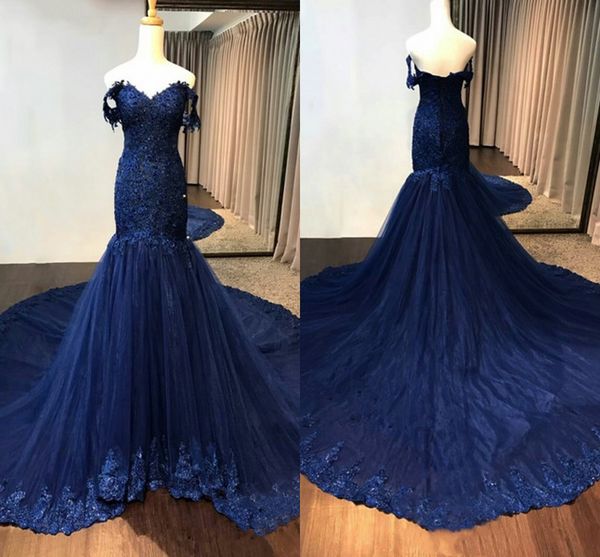 

navy blue lace off shoulder prom dresses with train mermaid style applique beaded party dress women formal dress evening gowns vestidos de f, Black
