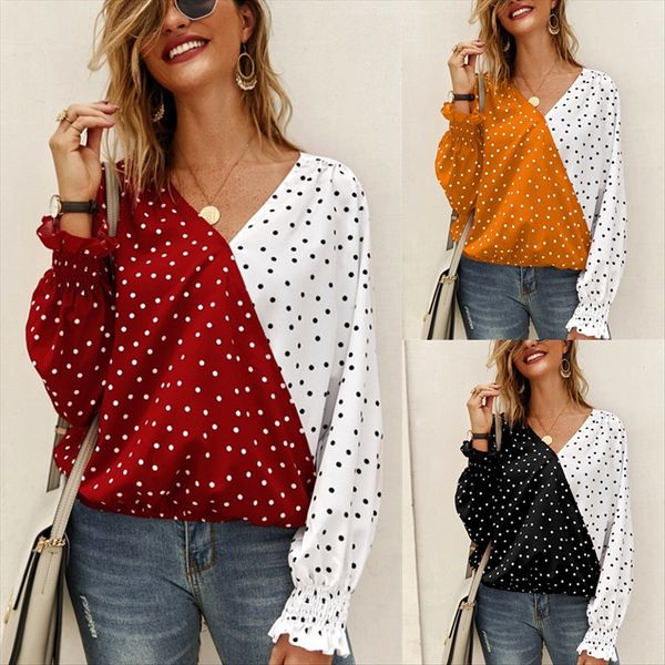 

women's 2019 stitching polka dot long sleeve casual women's 2019 stitching polka dot long sleeve shirt casual shirt, White