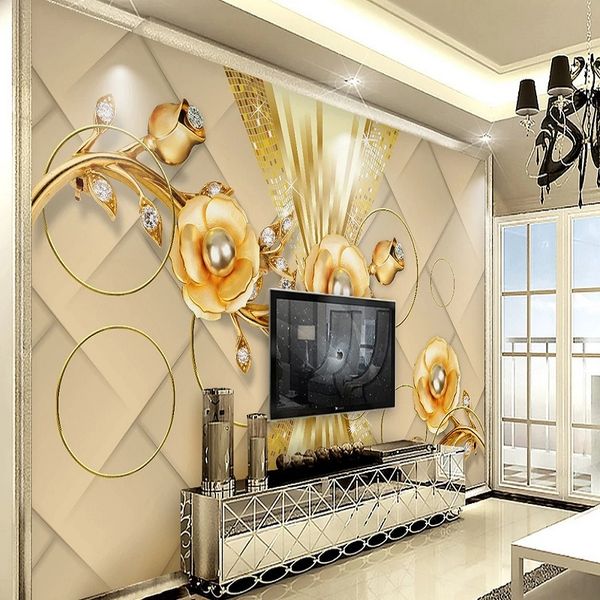 

custom large mural 3d wallpaper fashion modern luxury abstract pearl jewelry golden lattice bedroom tv wall decor 5d embossed