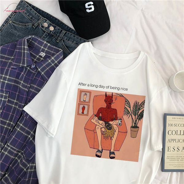 

harajuku summer female devil letter spoof printing casual loose fun vintage large size punk o neck japanese gothic t shirt, White