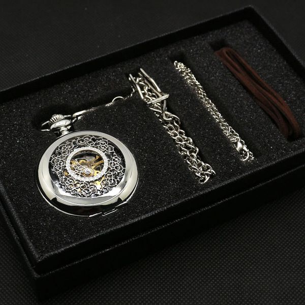 Moda oco flor Mão de Prata Winding Mecânica Pocket Watch Mens Womens Box Bag