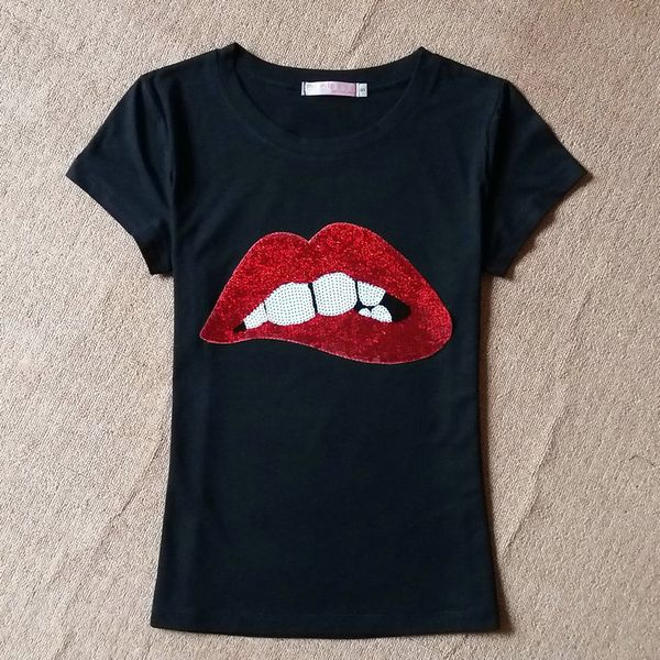 

women's fashion t-shirt 2019 embroidered red lips new arrival womens print slim short-sleeved round neck shirt t-shirt, White