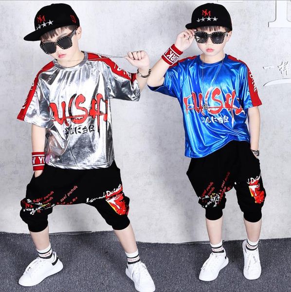 

2019 new children's suit costumes boys jazz dance performance clothing big boy short sleeve + shorts suit 4-12 years, White
