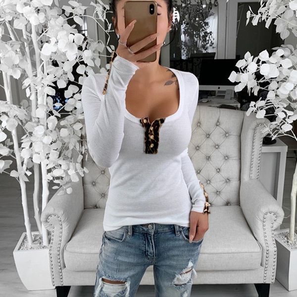 

casual leopard patchwork striped tees ladies spring autumn shirts women long sleeve o-neck t-shirt fashion button, White