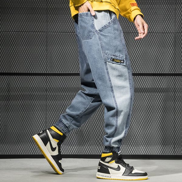 

japanese fashion men jeans loose fit spliced designer elastic waist cargo pants harem jeans streetwear hip hop men joggers, Blue