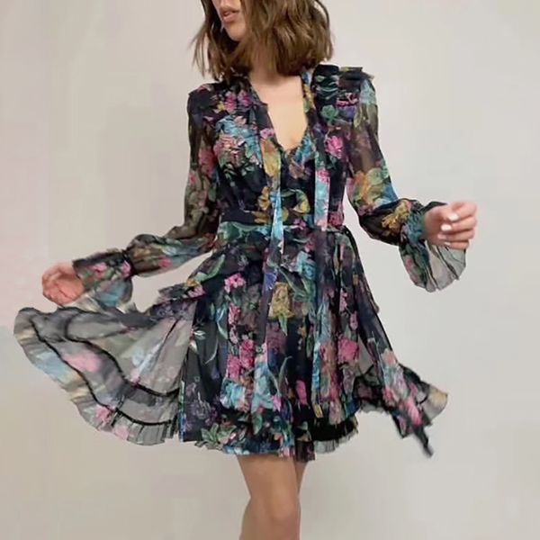 

2020 vintage print women dress v neck long flare sleeve high waist bandage slim asymmetrical mini dresses female fashion, Black;gray