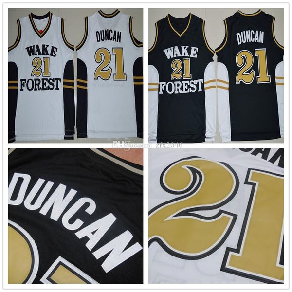

NCAA Men's Wake Forest Demon Deacons Tim Duncan #21 College Basketball Jersey Black White College sports shirt Stitched patches embroid