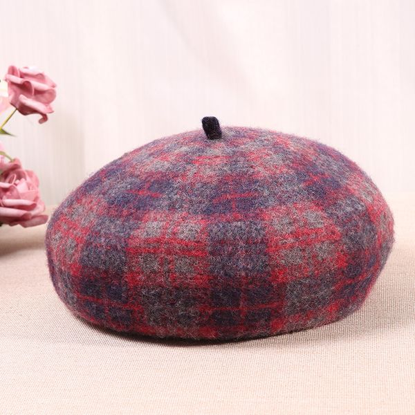 

elegant pure woolen two-color lattice fedora england vintage fall/winter for women french beret painter cap casual wear, Blue;gray