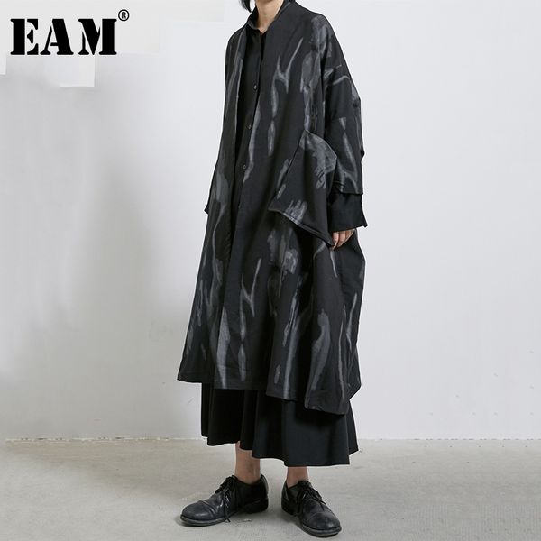 

eam] женщины черный большой карман печати big sizetrench новый v-воротником с длинным рукавом сыпучие fit ветровка мода tide весна 2020 1r2, Tan;black