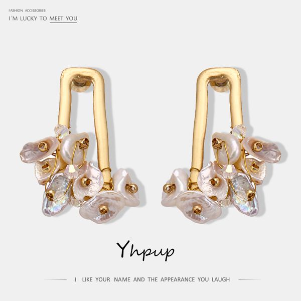 

yhpup fashion elegant natural pearls dangle earrings exquisite geometric oorbellen pendientes mujer female party jewelry s925, Golden