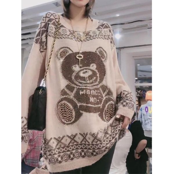 

2019 autumn round neck suit-dress long sleeve knitting unlined upper garment sweater long heavy diamond little bear, White;black