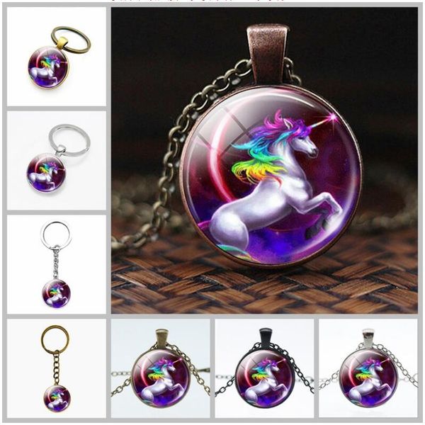 

unicorn glass cabochon necklace ancient silver rainbow horse pendant fashion pegasus necklaces for women unicorn keychain keychains