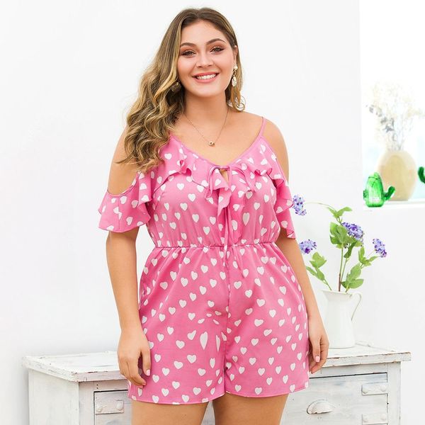 

women's jumpsuits & rompers plus size casual sling ruffled openwork lace heart print shorts jumpsuit 1pc, Black;white