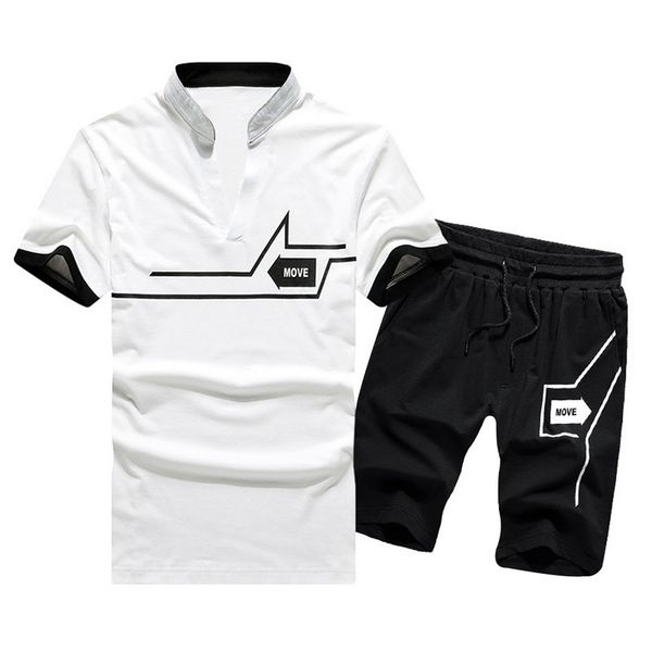 

2020 summer men's tracksuit casual short sets stand collar print sports suit business 2 piece sets sport gym fitness outfits, White;black