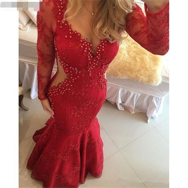 

red 2020 prom dresses mermaid v-neck long sleeves pearls beaded lace party maxys long prom gown evening dresses robe de soiree, Black;red