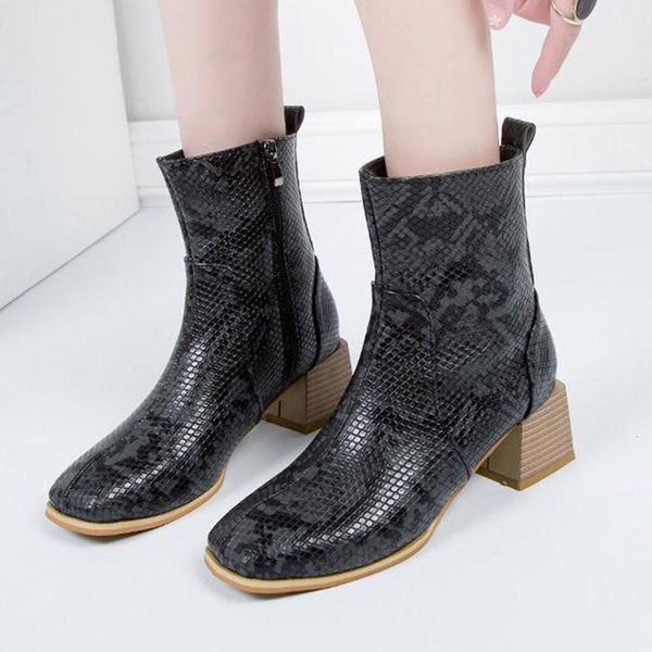 

ankle shoes women zipper rubber boots autumn winter snake print square heel motorcycle booties zapatos de mujer drop shipping c, Black