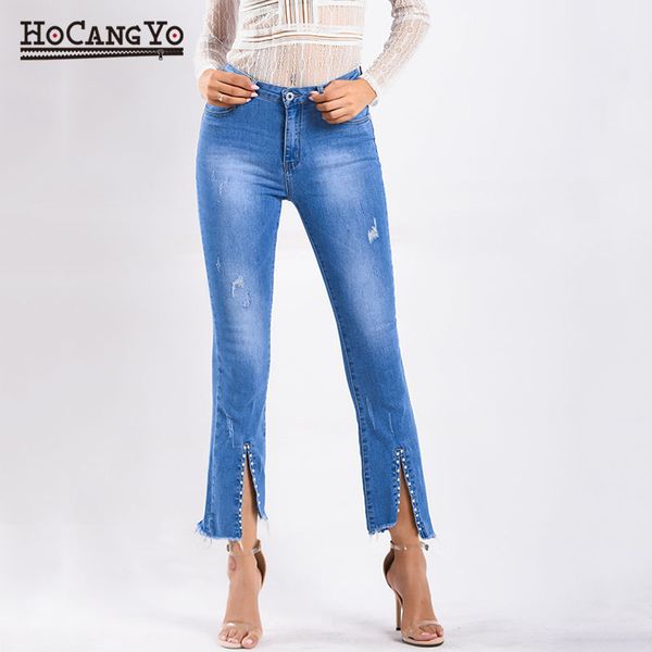 

spring summer new ripped jeans trousers women high waist pants skinny rivet edge bleached washed plus size denim jeans blue