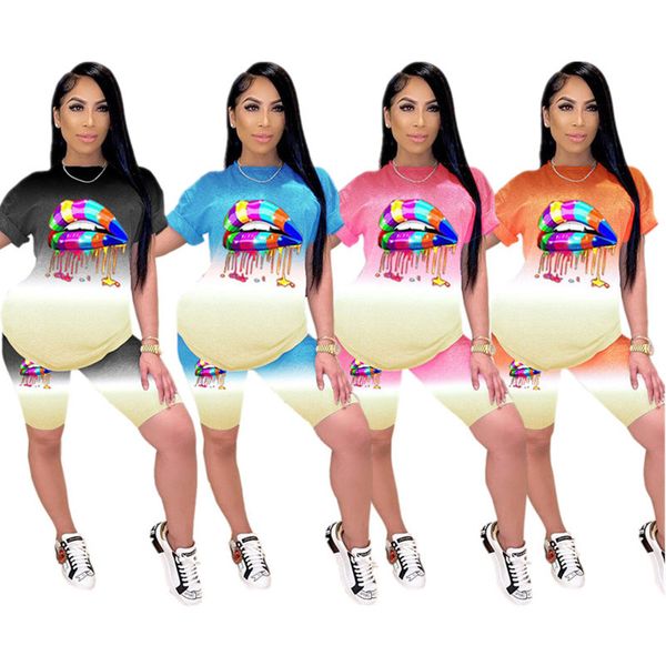 

женщины двухкусочный эпикировка printed спортивные повседневные брюки комплект радуга lip печать с коротким рукавом футболка шорты комплект, White