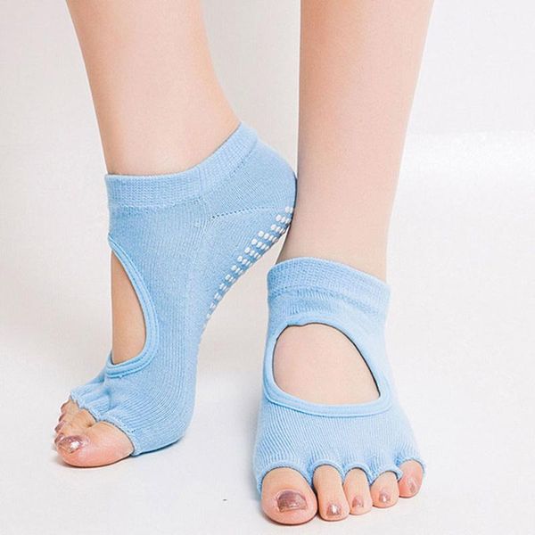 

women sports yoga socks anti-slip five fingers silicone non-slip 5 toe socks ballet gym fitness ankle support cotton, Blue;black