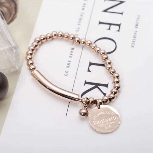 

titanium steel charm bracelets women round beaded bracelets circle elastic rope link chain lovers fashion jewelry, Black