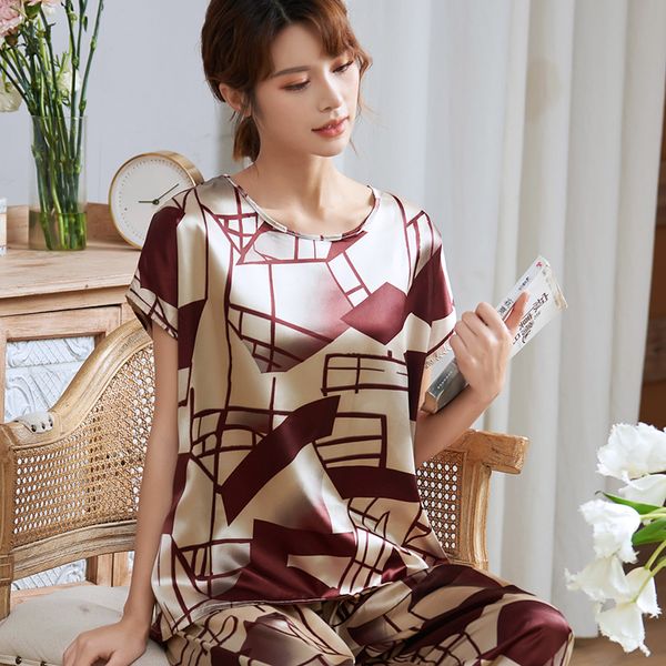 

summer flower print 110kg women silk pajamas set cropped pant short sleeve pyjamas o neck large size pajama set l-5xl 4009, Black;red