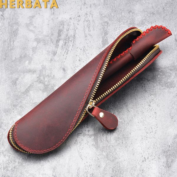 

creative vintage retro style pencil bag handmade genuine leather pen case holder cowhide stationery escolar papelaria cl-19124