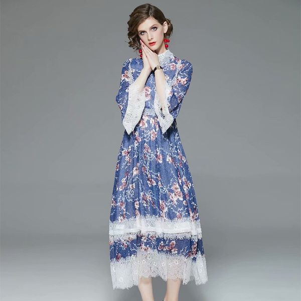 

fashion designer long dress 2020 spring party events women o-neck hollow out lace embroidery patchwork blue maxi dress, Black;gray