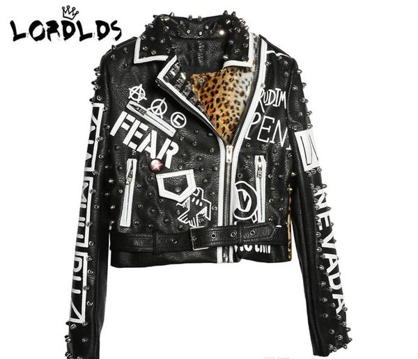 

Lordld black leopard leather jacket women 2018 autumn winter fa hion turn down collar punk rock tudded jacket ladie coat
