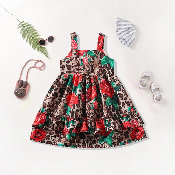 

new summer girl clothes dresses leopard flower print sleeveless suspender pleateddress summer princess girls dresses, Red;yellow