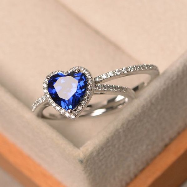 Luxuoso, requintado e elegante 925 padrão ring senhora Coração de prata azul do diamante anel de noivado casamento amor casal tamanho 6-10