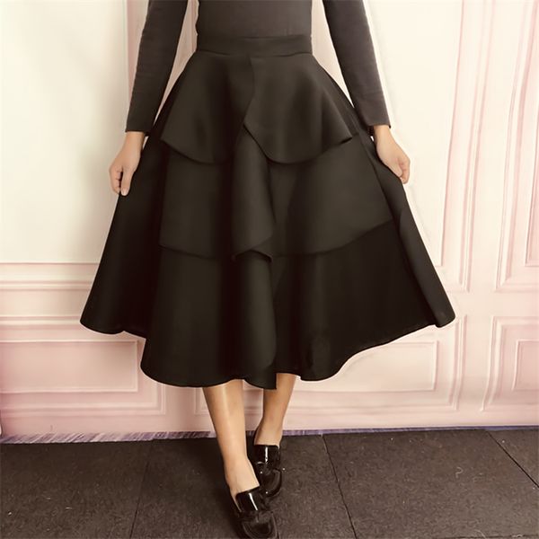

women skirt high waist layers ruffles a line ball gown skirts party evening female lolita jupes solid falads elegant femme 2020, Black