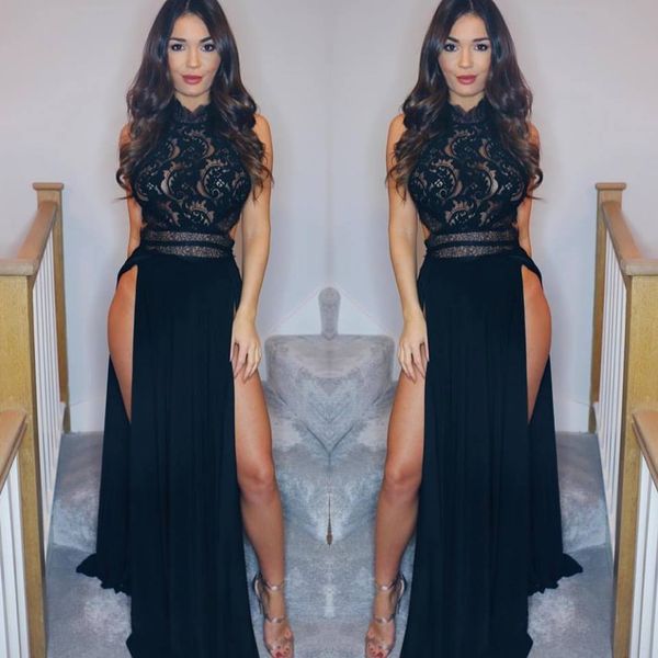 

black 2019 lace chiffon a line prom dresses long applique high side split special occasion dress formal dresses vestidos de fiesta